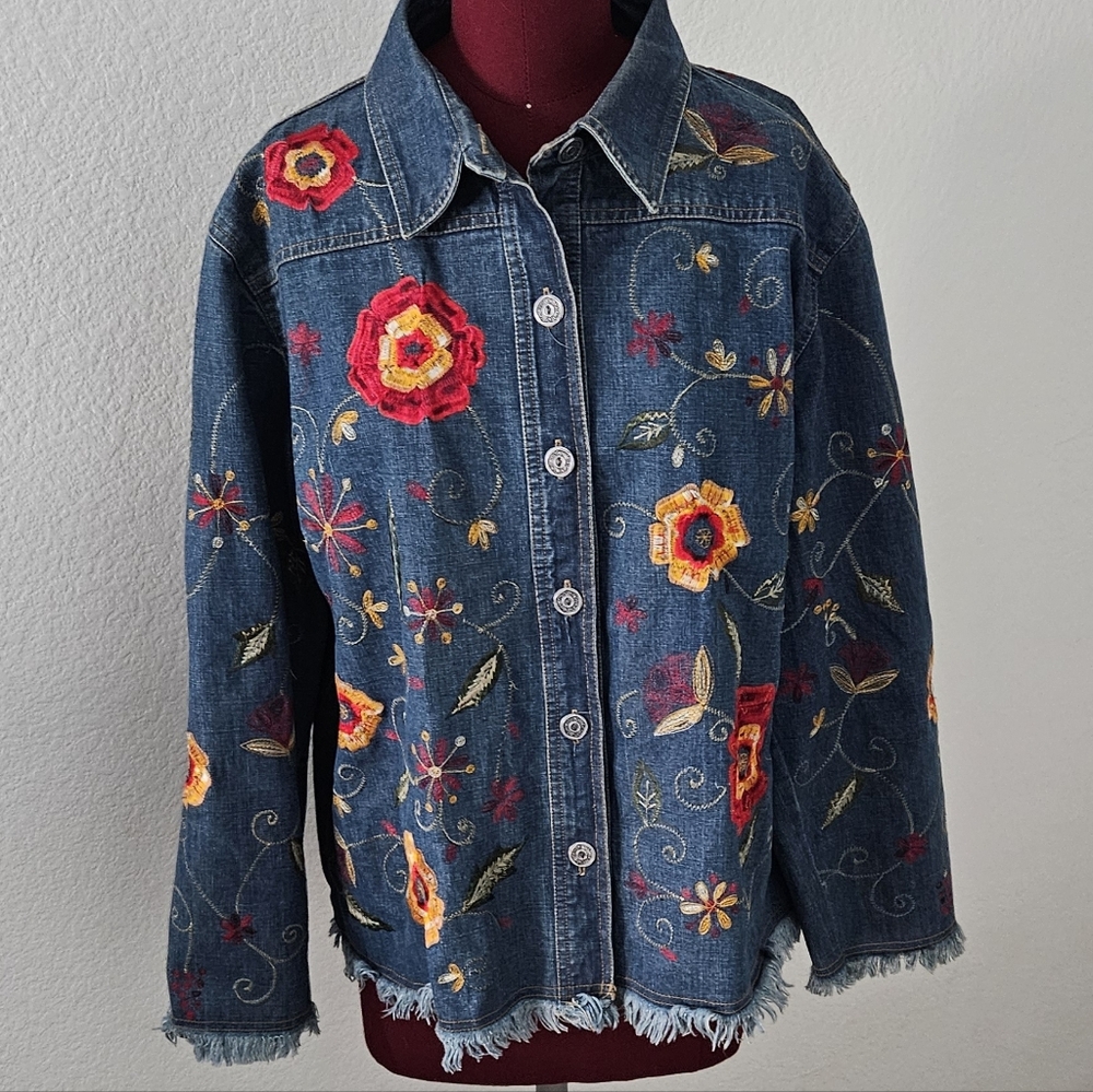 Chico's Floral Embroidered Jean Jacket - Blue and Red SZ 3